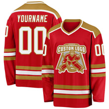 Load image into Gallery viewer, Custom Red White-Old Gold Hockey Jersey