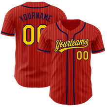 Load image into Gallery viewer, Custom Red Yellow Pinstripe Navy Authentic Baseball Jersey
