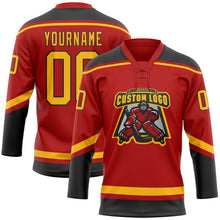 Load image into Gallery viewer, Custom Red Gold-Black Hockey Lace Neck Jersey