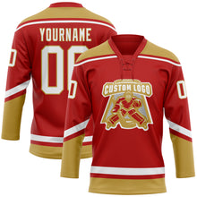 Load image into Gallery viewer, Custom Red White-Old Gold Hockey Lace Neck Jersey