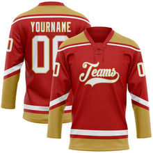 Load image into Gallery viewer, Custom Red White-Old Gold Hockey Lace Neck Jersey