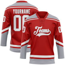 Load image into Gallery viewer, Custom Red White-Gray Hockey Lace Neck Jersey