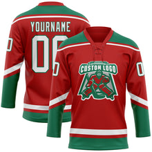 Load image into Gallery viewer, Custom Red White-Kelly Green Hockey Lace Neck Jersey