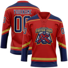 Load image into Gallery viewer, Custom Red Navy-Old Gold Hockey Lace Neck Jersey