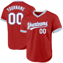 Load image into Gallery viewer, Custom Red White-Light Blue Authentic Throwback Baseball Jersey