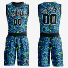 Load image into Gallery viewer, Custom Royal Black-Neon Green Music Festival Round Neck Sublimation Basketball Suit Jersey