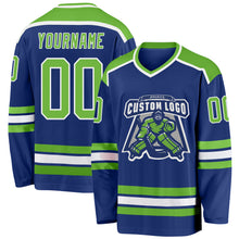 Load image into Gallery viewer, Custom Royal Neon Green-White Hockey Jersey