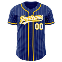 Load image into Gallery viewer, Custom Royal White Pinstripe Yellow Authentic Baseball Jersey