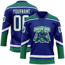 Load image into Gallery viewer, Custom Royal White-Kelly Green Hockey Lace Neck Jersey