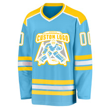 Load image into Gallery viewer, Custom Sky Blue White-Gold Hockey Jersey