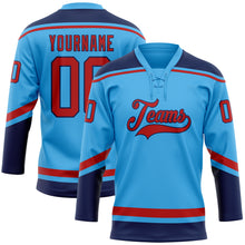 Load image into Gallery viewer, Custom Sky Blue Red-Navy Hockey Lace Neck Jersey