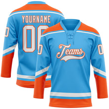 Load image into Gallery viewer, Custom Sky Blue White-Orange Hockey Lace Neck Jersey