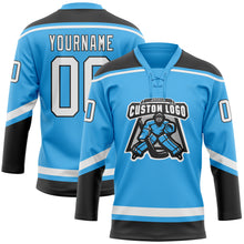 Load image into Gallery viewer, Custom Sky Blue White-Black Hockey Lace Neck Jersey