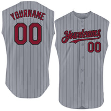 Load image into Gallery viewer, Custom Gray Black Pinstripe Crimson Authentic Sleeveless Baseball Jersey