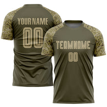 Load image into Gallery viewer, Custom Olive Vegas Gold-Camo Sublimation Salute To Service Soccer Uniform Jersey