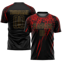 Load image into Gallery viewer, Custom Black Black Old Gold-Red Sublimation Soccer Uniform Jersey