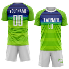 Load image into Gallery viewer, Custom Neon Green White-Royal Sublimation Soccer Uniform Jersey