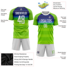 Load image into Gallery viewer, Custom Neon Green White-Royal Sublimation Soccer Uniform Jersey