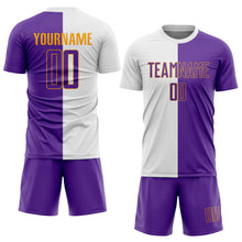 Load image into Gallery viewer, Custom White Purple-Gold Sublimation Split Fashion Soccer Uniform Jersey