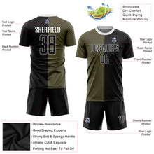 Load image into Gallery viewer, Custom Olive Black-White Sublimation Split Fashion Salute To Service Soccer Uniform Jersey