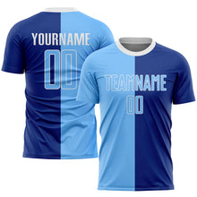 Load image into Gallery viewer, Custom Royal Light Blue-White Sublimation Split Fashion Soccer Uniform Jersey