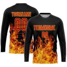 Load image into Gallery viewer, Custom Black Red-Gold Flame Sublimation Soccer Uniform Jersey