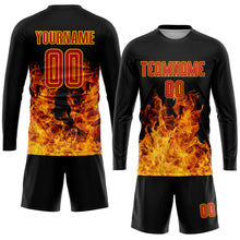 Load image into Gallery viewer, Custom Black Red-Gold Flame Sublimation Soccer Uniform Jersey