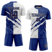 Load image into Gallery viewer, Custom Graffiti Pattern Royal White-Old Gold Scratch Sublimation Soccer Uniform Jersey