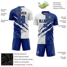 Load image into Gallery viewer, Custom Graffiti Pattern Royal White-Old Gold Scratch Sublimation Soccer Uniform Jersey