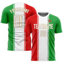 Load image into Gallery viewer, Custom Red White Kelly Green-Old Gold Sublimation Iranian Flag Soccer Uniform Jersey