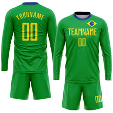 Load image into Gallery viewer, Custom Neon Green Gold-Royal Sublimation Brazilian Flag Soccer Uniform Jersey