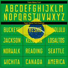 Load image into Gallery viewer, Custom Neon Green Gold-Royal Sublimation Brazilian Flag Soccer Uniform Jersey