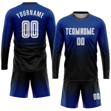 Load image into Gallery viewer, Custom Royal White-Black Sublimation Long Sleeve Fade Fashion Soccer Uniform Jersey