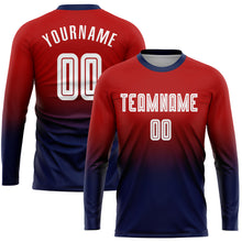 Load image into Gallery viewer, Custom Red White-Navy Sublimation Long Sleeve Fade Fashion Soccer Uniform Jersey