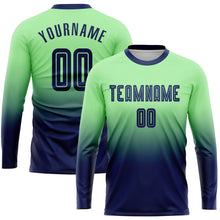 Load image into Gallery viewer, Custom Pea Green Navy Sublimation Long Sleeve Fade Fashion Soccer Uniform Jersey
