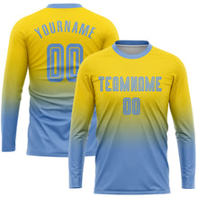 Load image into Gallery viewer, Custom Gold Light Blue Sublimation Long Sleeve Fade Fashion Soccer Uniform Jersey