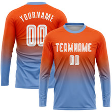 Load image into Gallery viewer, Custom Orange White-Light Blue Sublimation Long Sleeve Fade Fashion Soccer Uniform Jersey