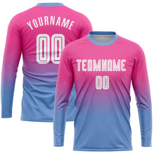Load image into Gallery viewer, Custom Pink White-Light Blue Sublimation Long Sleeve Fade Fashion Soccer Uniform Jersey