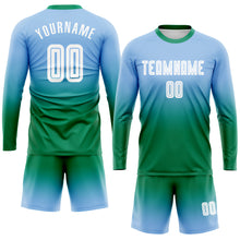 Load image into Gallery viewer, Custom Light Blue White-Kelly Green Sublimation Long Sleeve Fade Fashion Soccer Uniform Jersey