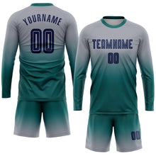 Load image into Gallery viewer, Custom Gray Navy-Teal Sublimation Long Sleeve Fade Fashion Soccer Uniform Jersey