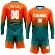 Load image into Gallery viewer, Custom Orange White-Teal Sublimation Long Sleeve Fade Fashion Soccer Uniform Jersey