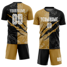 Load image into Gallery viewer, Custom Graffiti Pattern White Black-Old Gold Scratch Sublimation Soccer Uniform Jersey