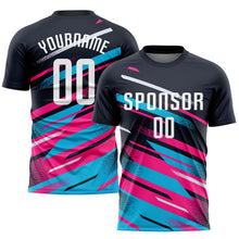 Load image into Gallery viewer, Custom Navy White Pink-Light Blue Sublimation Soccer Uniform Jersey