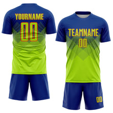 Load image into Gallery viewer, Custom Royal Neon Green-Orange Sublimation Soccer Uniform Jersey