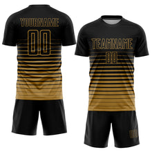 Load image into Gallery viewer, Custom Black Old Gold Pinstripe Fade Fashion Sublimation Soccer Uniform Jersey