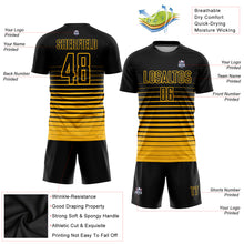 Load image into Gallery viewer, Custom Black Gold Pinstripe Fade Fashion Sublimation Soccer Uniform Jersey