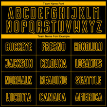 Load image into Gallery viewer, Custom Black Gold Pinstripe Fade Fashion Sublimation Soccer Uniform Jersey