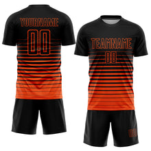 Load image into Gallery viewer, Custom Black Orange Pinstripe Fade Fashion Sublimation Soccer Uniform Jersey