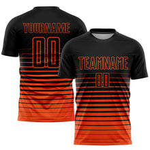 Load image into Gallery viewer, Custom Black Orange Pinstripe Fade Fashion Sublimation Soccer Uniform Jersey