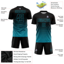 Load image into Gallery viewer, Custom Black Teal Pinstripe Fade Fashion Sublimation Soccer Uniform Jersey